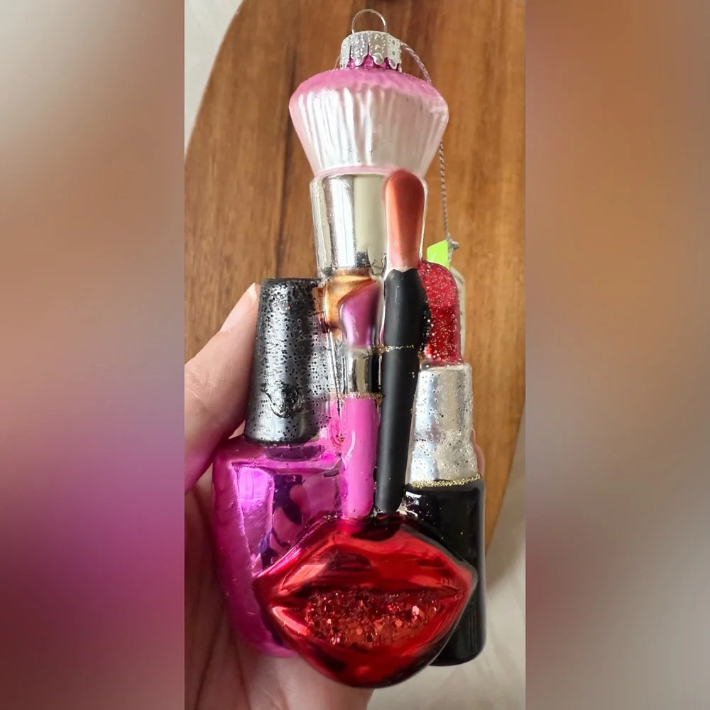 New Makeup Christmas Holiday Ornament Lipstick Brush Lips Glitter Nail Polish